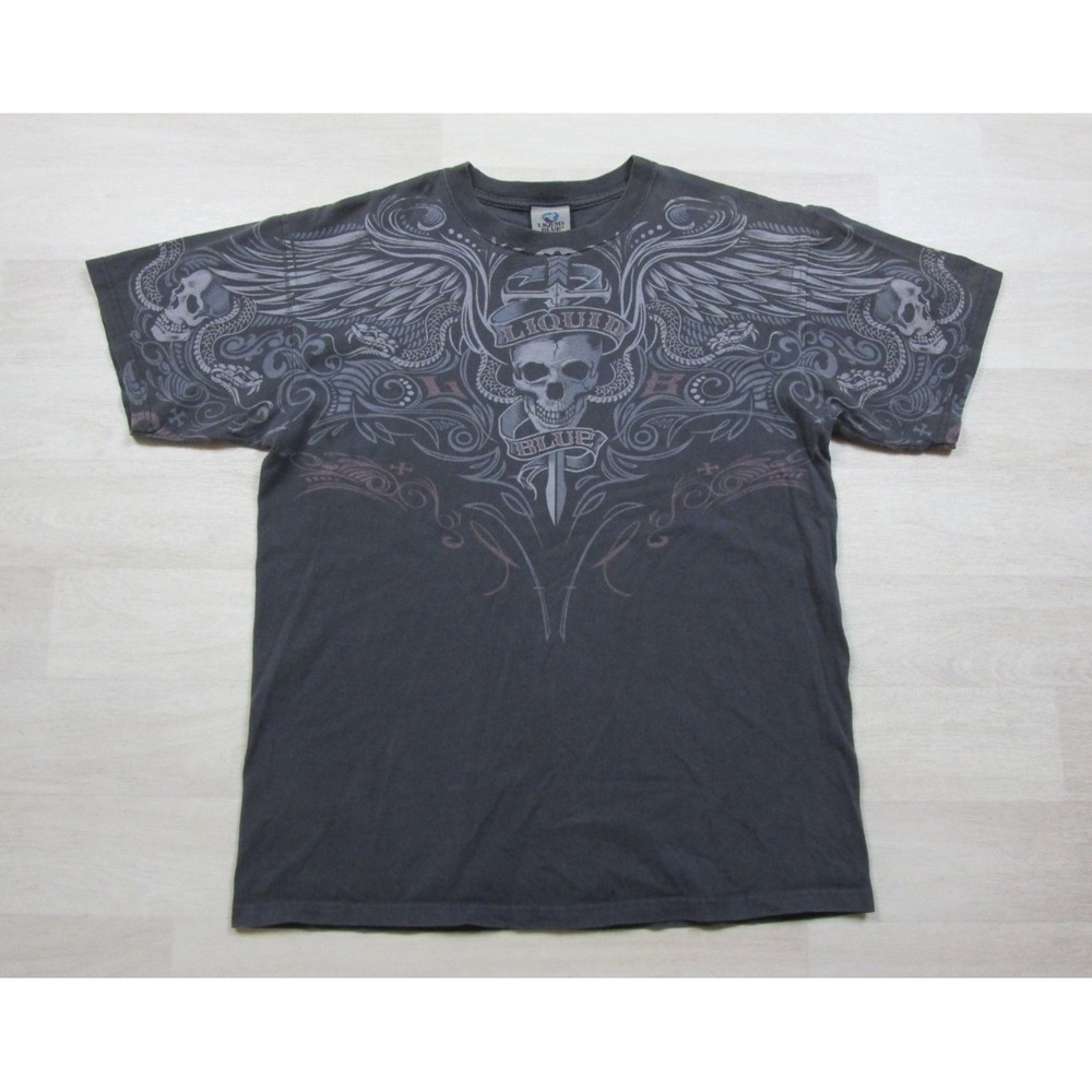 Vintage Y2K Liquid Blue Skull Dagger T Shirt Mens (L) All Over Print Biker Goth